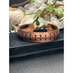 Vintage Copper Geometric Cutout Cuff Bracelet Black Inlay Southwestern Boho